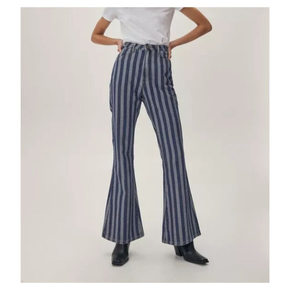 NASTY GAL Striped Denim Jeans Hi Rise Retro Bell Bottom Blue Women Size 8